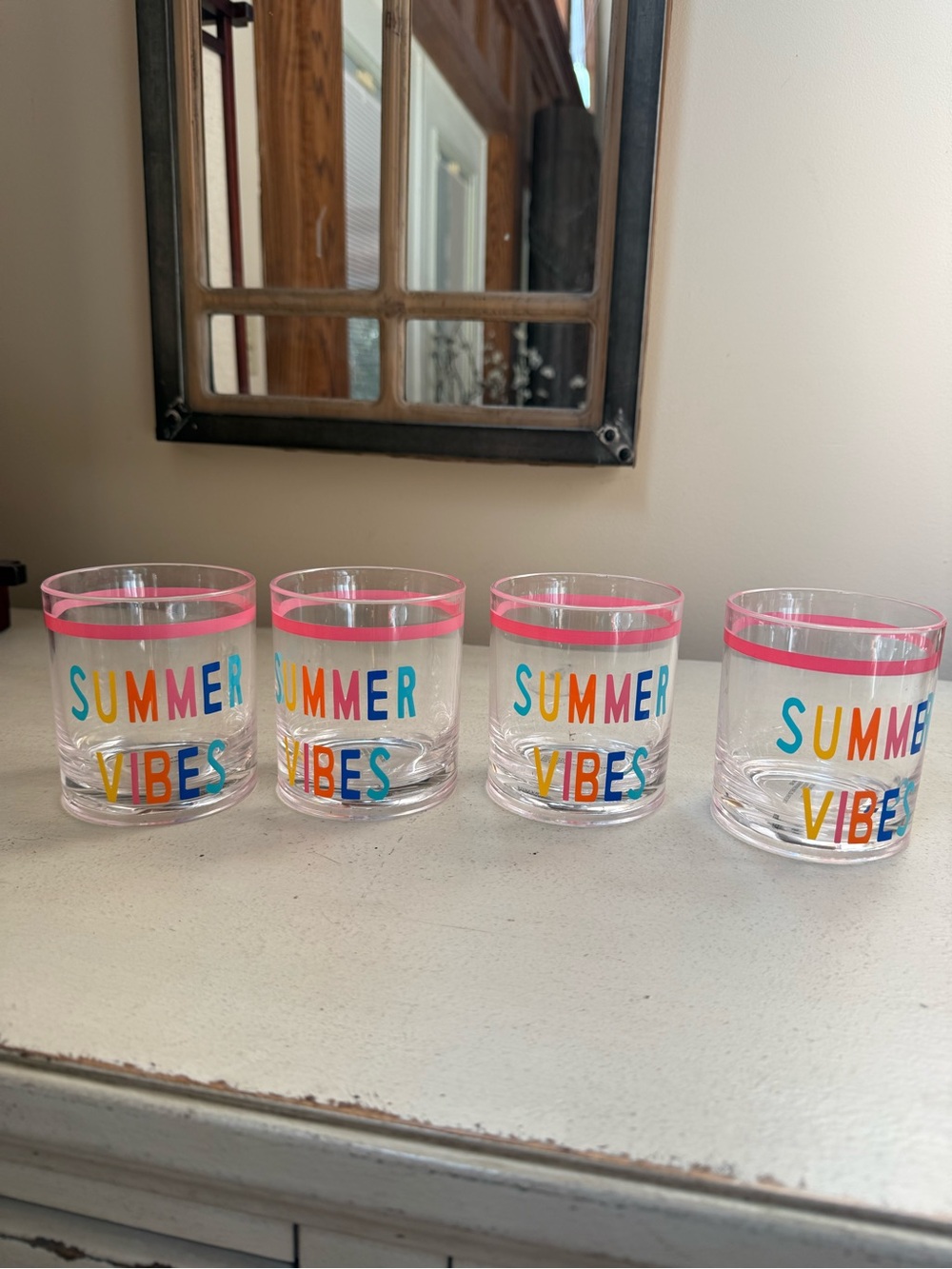 Summer Vibes Pink Rim Clear Drink Tumblers - Set of 4